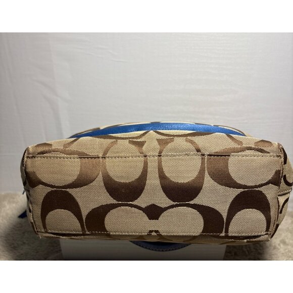 Coach Purse Khaki Signature Blue Stripe Top Zip Tote Shoulder Bag F19046 - Picture 5 of 16